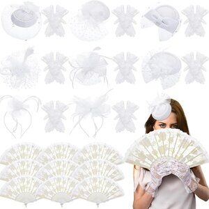 27 pcs Tea Party Hats Gloves Fans Set Women Wedding Formal Accessories